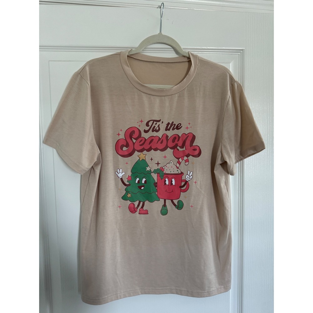 Tis the Season Christmas Graphic Tee Tan Retro Holiday Tree Cocoa Shirt L
